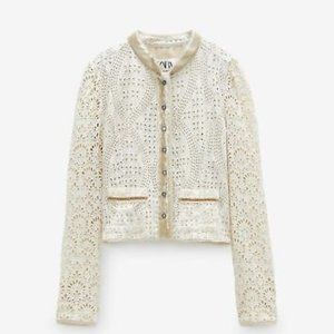 ZARA STUDIO LIMITED EDITION ECRU CUTWORK VELVET CONTRAST JACKET - Size Large